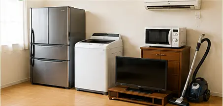 冷蔵庫、洗濯機、テレビ、エアコン、電子レンジなどの家電